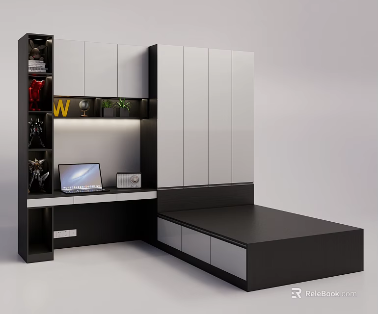 Modern Multifunctional Room With Wardrobe Desk Bookshelf And Platform Bed 3d model