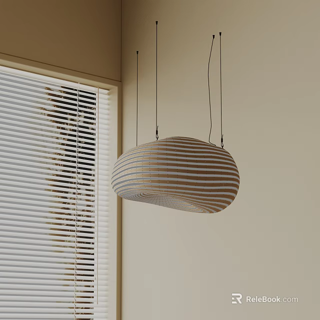 Light Colored Striped Pendant Chandelier Hanging In Room With Window Blinds 3d model 