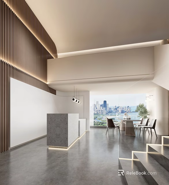 Modern Reception Desk Interior With Stone Counter City View And Ambient Lighting 3d model