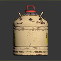 Metal Container With Red Lid Yellow Caution Label Bolts And Rusty Surface On Smooth Surface