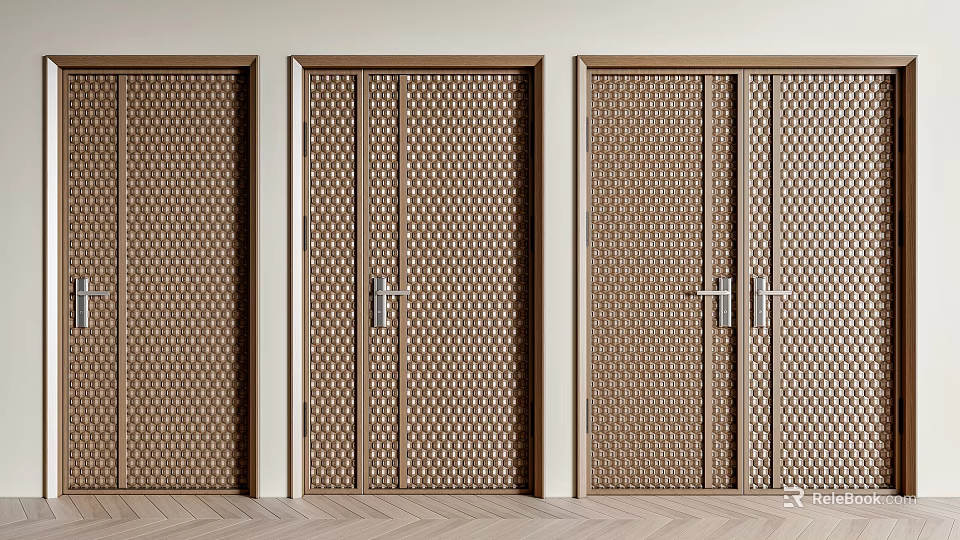 Modern Wooden Swing Doors with Perforated Lattice Pattern and Sleek Metal Handles 3d model 