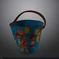 Blue Decorative Bucket With Brown Handle And Colorful Children Illustrations