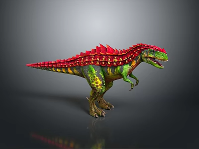 Detailed Dinosaur Spiked Back Green Red Yellow 3D Model Standing Pose Gray Gradient Background 3d model