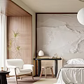 Minimalist Bedroom Interior With Marble Accent Wall White Bedspread Wooden Furniture And Round Pendant Light