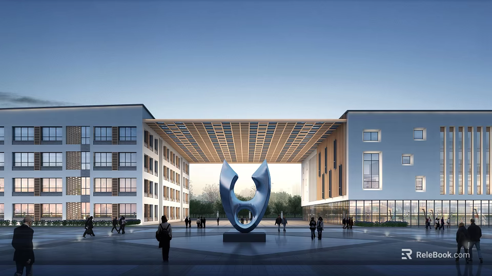 Modern School Building Featuring Symmetrical White Exterior Central Sculpture Large Windows And People Around 3d model 