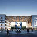 Modern School Building Featuring Symmetrical White Exterior Central Sculpture Large Windows And People Around