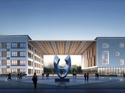 Modern School Building Featuring Symmetrical White Exterior Central Sculpture Large Windows And People Around 3d model