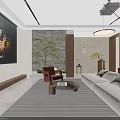 Modern Zen Style Living And Dining Interior With Cozy Sofa Home Theater And Indoor Greenery