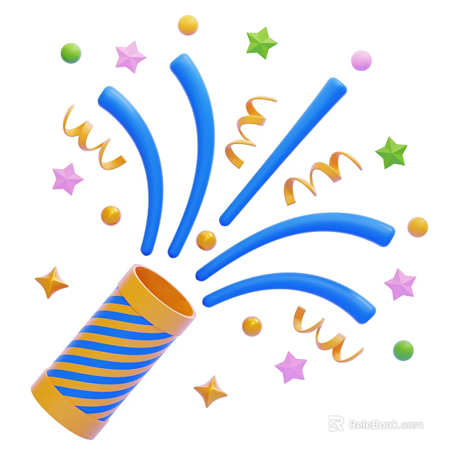 Decorative Ornament Set with Confetti Cannon Blue Streamers Gold Curly Ribbons Colorful Stars and Balls 3d model 