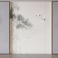 Chinese Style Background Wall with Pine Branches White Cranes Light Gray Frames and Hanging Lanterns 3d model