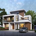 Modern Two Story Detached Villa With Lush Green Trees Front Garden And Driveway