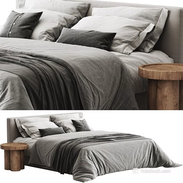 Modern Double Bed With Gray Bedding Pillows And Wooden Round Bedside Table 3d model 