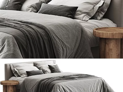 Modern Double Bed With Gray Bedding Pillows And Wooden Round Bedside Table 3d model