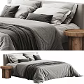 Modern Double Bed With Gray Bedding Pillows And Wooden Round Bedside Table 3d model