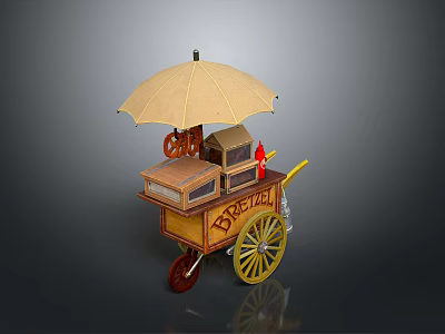 Pretzel Street Food Cart With Tan Umbrella Wooden Boxes And Yellow Wheels 3d model