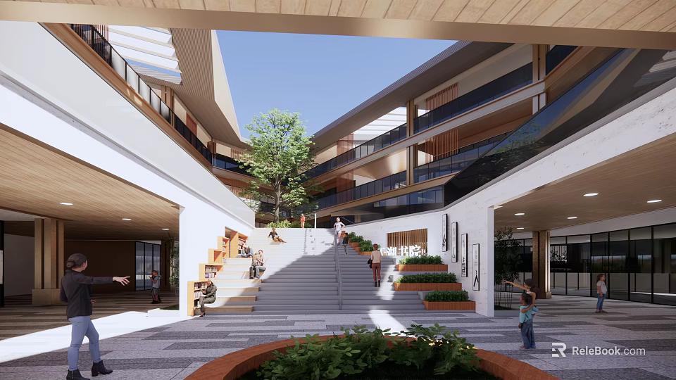 Modern School Building Campus Courtyard With Staircase Trees And People Walking 3d model 