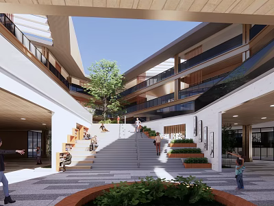 Modern School Building Campus Courtyard With Staircase Trees And People Walking 3d model