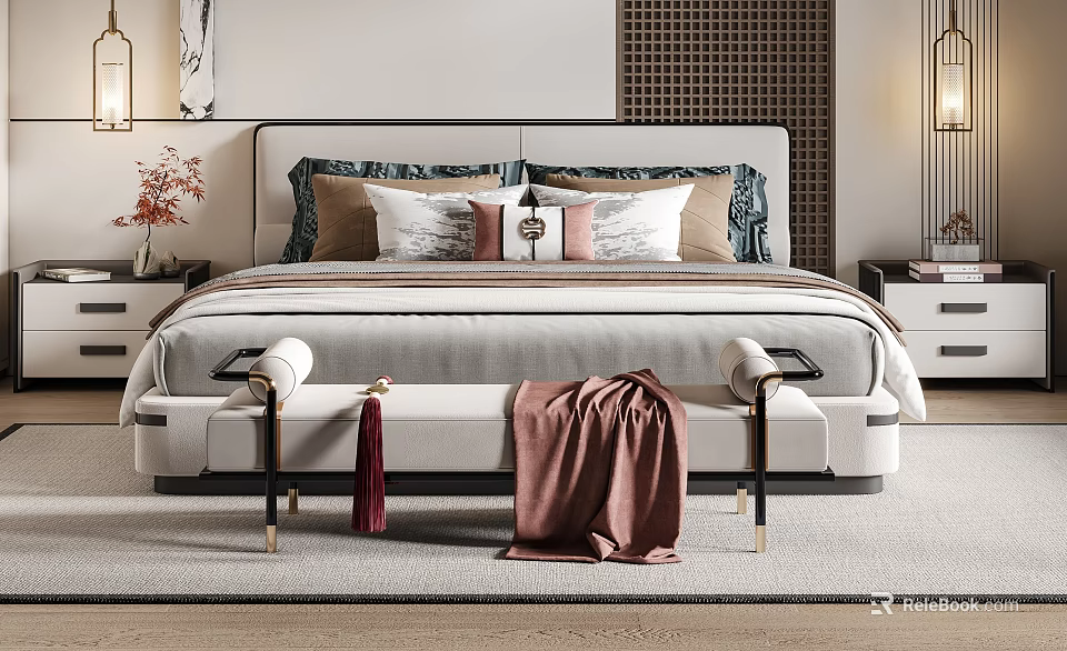 Elegant Modern Bedroom Interior With Soft Bedding And Decorative Pillows 3d model