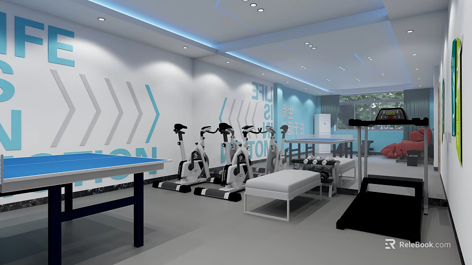 Modern Fitness Gym with Spin Bikes Treadmill Ping Pong Table Wall Arrows and Evolution Decor 3d model 