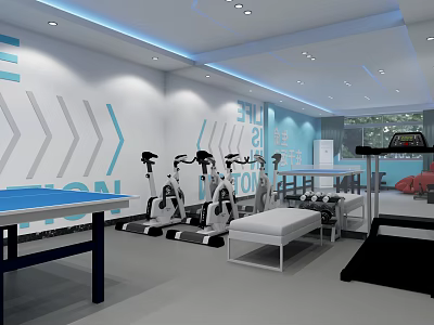 Modern Fitness Gym with Spin Bikes Treadmill Ping Pong Table Wall Arrows and Evolution Decor 3d model