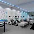 Modern Fitness Gym with Spin Bikes Treadmill Ping Pong Table Wall Arrows and Evolution Decor