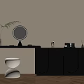 Modern Black Dressing Table with Round Mirror Stool and Cosmetics on Wooden Floor 3d model