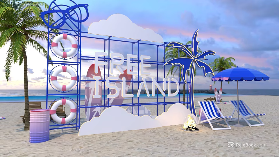 Vibrant Neon Island Beach Scene With Life Rings Palm Trees Beach Chairs Bonfire And Umbrella 3d model 