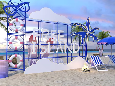 Vibrant Neon Island Beach Scene With Life Rings Palm Trees Beach Chairs Bonfire And Umbrella 3d model