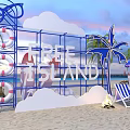 Vibrant Neon Island Beach Scene With Life Rings Palm Trees Beach Chairs Bonfire And Umbrella