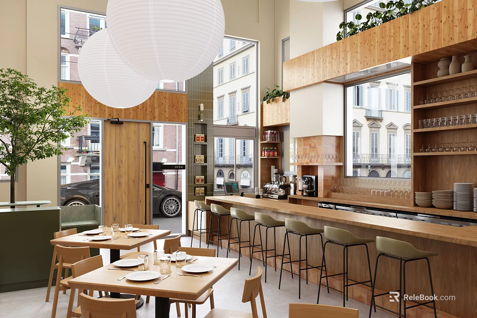 Modern Restaurant Interior With Wooden Bar Large Windows And White Lanterns 3d model 