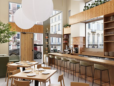 Modern Restaurant Interior With Wooden Bar Large Windows And White Lanterns 3d model