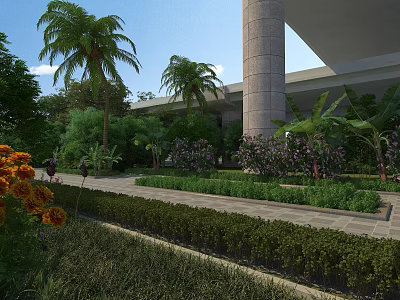 Modern Bridge with Stone Pillars Surrounded by Palm Trees Greenery and Flower Beds 3d model