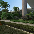 Modern Bridge with Stone Pillars Surrounded by Palm Trees Greenery and Flower Beds