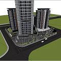Modern High Rise Buildings With Glass Facades Urban Plaza And Greenery