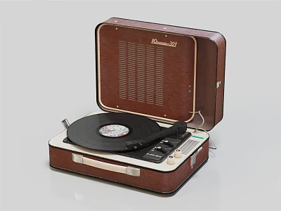 Vintage Record Player With Open Brown Leather Case And Vinyl Record Classic Audio Design 3d model