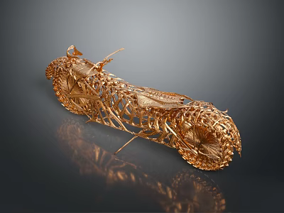 Golden Motorcycle Skeleton Model With Intricate Design Metallic Texture On Dark Background 3d model