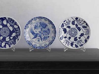 Blue and White Ceramic Plates With Floral And Bird Patterns On Display Stand 3d model