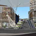 Modern Commercial Landscape With Geometric Buildings Central Plaza Green Spaces And Pedestrian Walkways