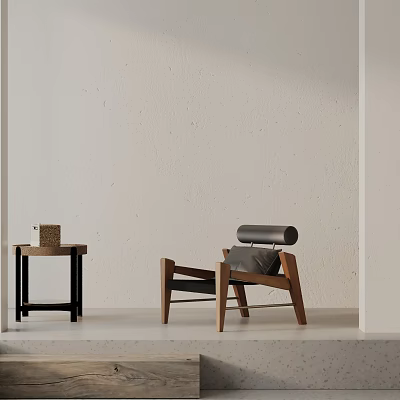 Modern Leisure Chair With Wooden Frame Black Accent Side Table Light Colored Wall And Floor 3d model