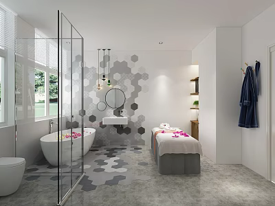 Modern SPA Sauna Room with Bathtub Massage Bed Hexagonal Wall Floor and Natural Light 3d model
