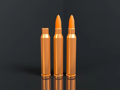 Three Orange Military Weapon Bullets Standing On Black Background With Reflections 3d model