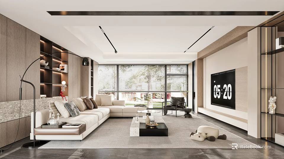 Modern Living Room With Large Windows And L Shaped Sofa 3d model