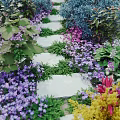Beautiful Garden Path Surrounded By Colorful Flowers And Lush Green Leaves