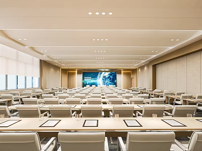 Spacious Modern Meeting Room Interior With Large Screen Well Arranged Seats And Windows 3d model