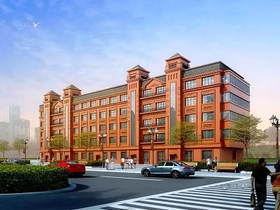 Multi Story Red Brick Building In Urban Street With Cars Pedestrians Trees And Lamps 3d model