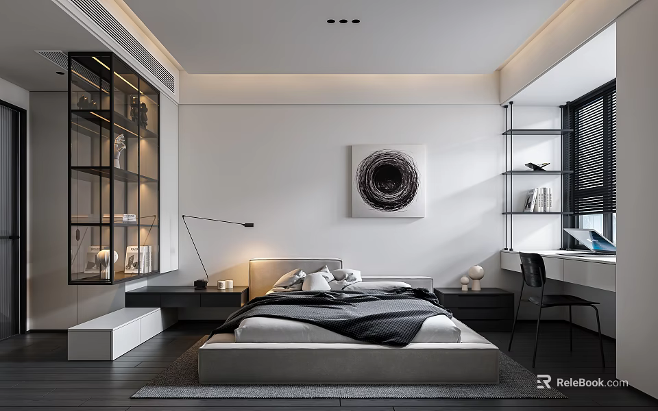 Modern Minimalist Bedroom Interior With Main Bed Circular Painting Glass Display Cabinet And Soft Lighting 3d model 