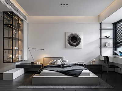 Modern Minimalist Bedroom Interior With Main Bed Circular Painting Glass Display Cabinet And Soft Lighting 3d model