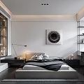 Modern Minimalist Bedroom Interior With Main Bed Circular Painting Glass Display Cabinet And Soft Lighting