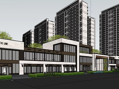 Modern Sales Office Building Exterior With Greenery And High Rise Buildings Around 3d model