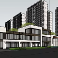 Modern Sales Office Building Exterior With Greenery And High Rise Buildings Around